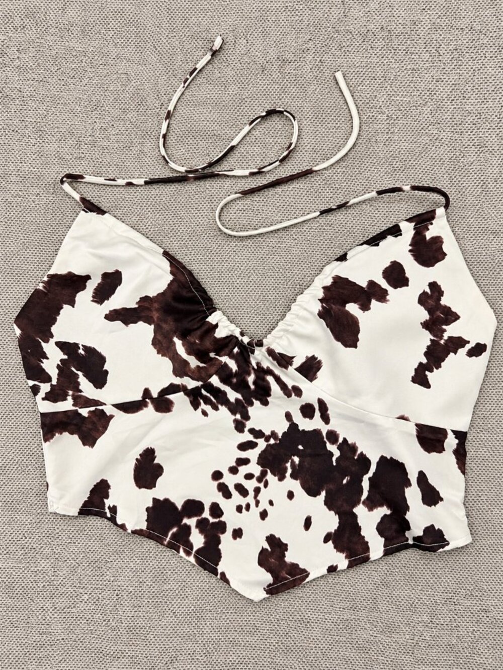 Without You! Cow Print Satin Halter Crop Top Brown White Size M